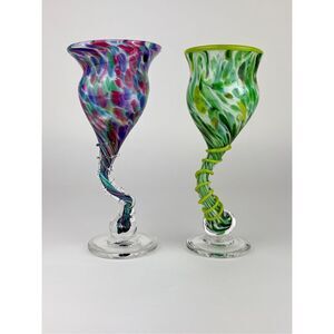 Hand Blown Confetti Art Glass Multicolor Wine Goblets Signed Set of 2 -9” Tall